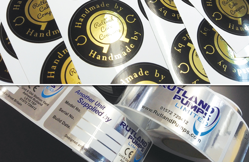 stickers printed on metallic vinyl with hot foiling gold